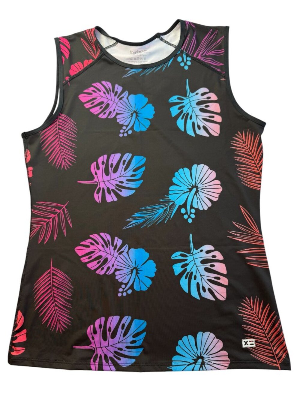 Tomboyx Tank Top Black with floral Hawaiian Flower Leaf Pattern. Size women's L - Picture 1 of 7